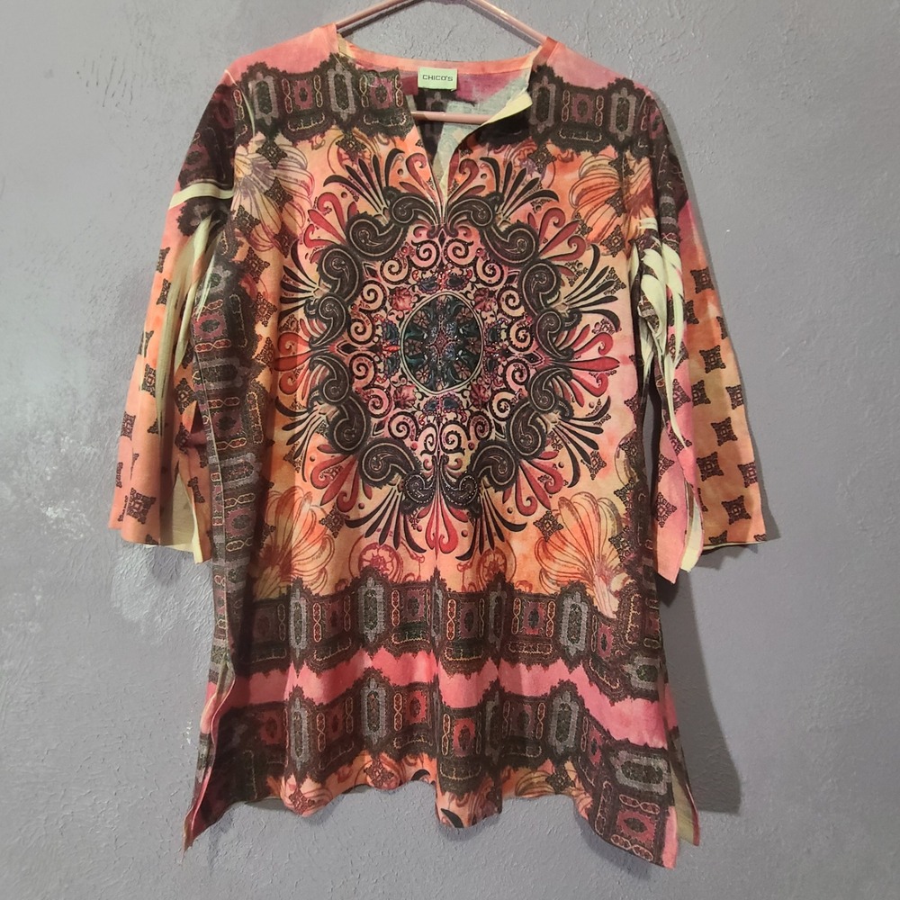 Chico's Tunic Top Women Size 2 Pink Orange Mandala Paisley Rhinestone 3/4 Sleeve
